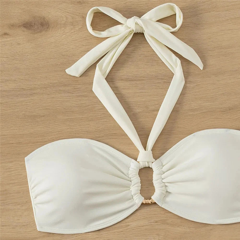 Halter Bandeau Solid White Bikinis Sets Woman Metal Ring Swimwear Hollow Out Sexy Swimsuit 2026 Bathing Suit Bikinis De Mujer
