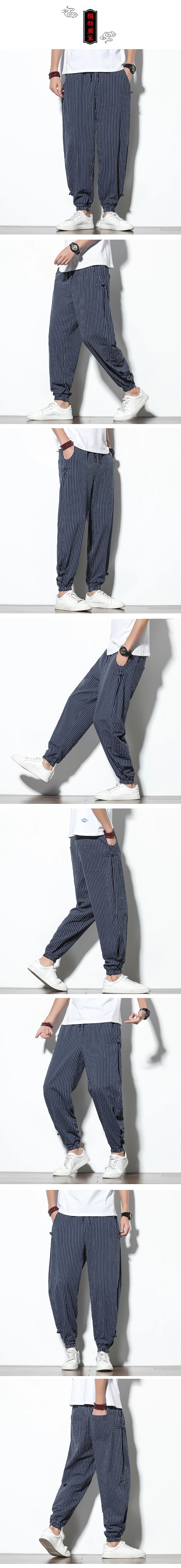 Japanese Style Summer Thin Section Stripes Harem Pants Men Cotton Fashion Disc Buckle Breathable Linen Pants Men Plus Size 5XL