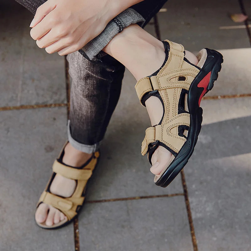 COW LEATHER Men's Sandals Outdoor Beach Sports Shoes Genuine Leather Roman Sandals Lightweight Open Toe Sandals Plus Size 38-48