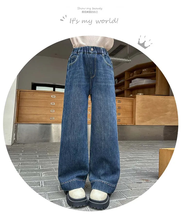 Elegant Children Insulated Jeans for Girls Fashion Heart Pocket Winter Warm Denim Pants Kids Child Fleece Lined Jeans Trousers