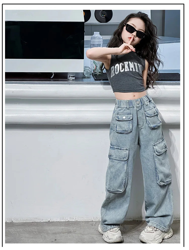 Girls Trousers Big Pocket Jeans 2025 Spring and Summer New Large Children Loose Cargo Pants Stylish Baggy Pants Simple Casual