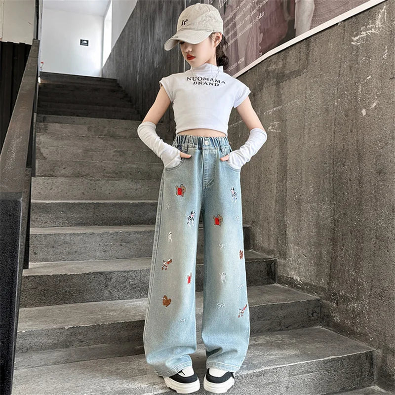 Autumn Girls' Jeans Cartoon Embroidered Children Denim Pants New Kids Loose Straight-leg Trousers Teenager Spring Clothing 4-14Y