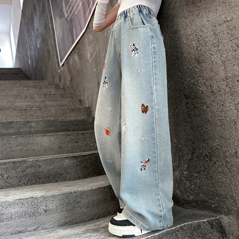 Autumn Girls' Jeans Cartoon Embroidered Children Denim Pants New Kids Loose Straight-leg Trousers Teenager Spring Clothing 4-14Y