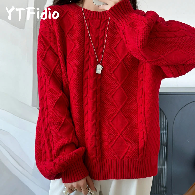YTFidio 100% Cotton Women O-neck Thickened Twisted Flower Pullover Sweater Luxury Designer Clothing Plus Size 400