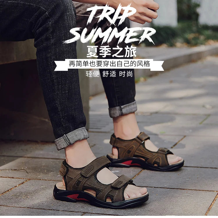COW LEATHER Men's Sandals Outdoor Beach Sports Shoes Genuine Leather Roman Sandals Lightweight Open Toe Sandals Plus Size 38-48