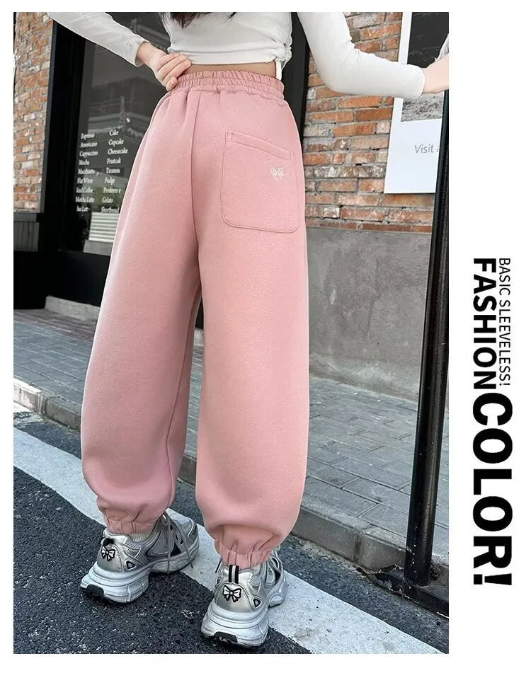 Causal Pants Girls Kids Loose Cotton Sports Pants 110-170 Black Pink Trousers for Children Spring Kids Clothing 2025