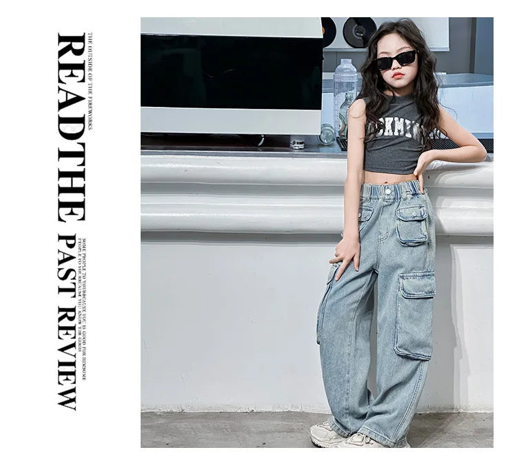 Girls Trousers Big Pocket Jeans 2025 Spring and Summer New Large Children Loose Cargo Pants Stylish Baggy Pants Simple Casual