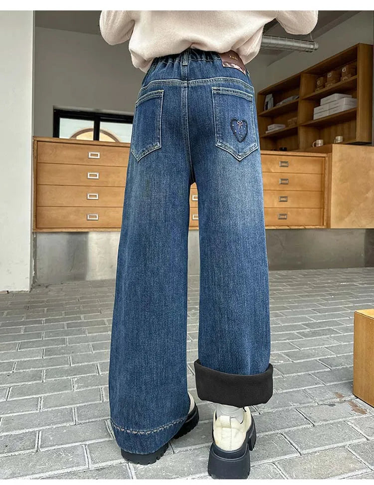 Elegant Children Insulated Jeans for Girls Fashion Heart Pocket Winter Warm Denim Pants Kids Child Fleece Lined Jeans Trousers