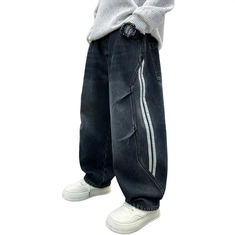 Boys Fleece Lined Jeans Side Stripe Autumn Winter Loose Soft Straight Leg Wide Denim Pants Warm Trousers for Teenage Children