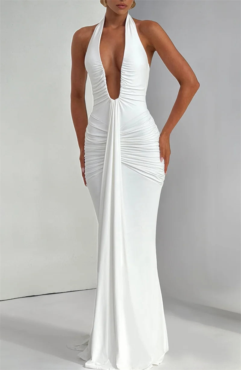 Mozision Deep V Neck Draped Ruched Sexy Maxi Dress Women Summer Fashion Halter Sleeveless Backless Club Party Long Dress Elegant