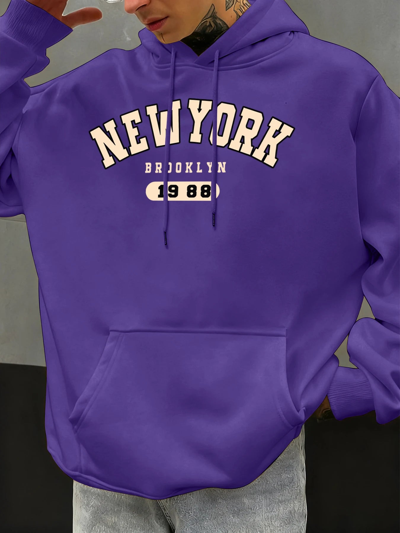 New York Brooklyn 1988 Pattern Men Hoodies Loose Fleece Hoodie All-Match Pocket Pullovers Autumn Multicolor Hoody Casual Tops