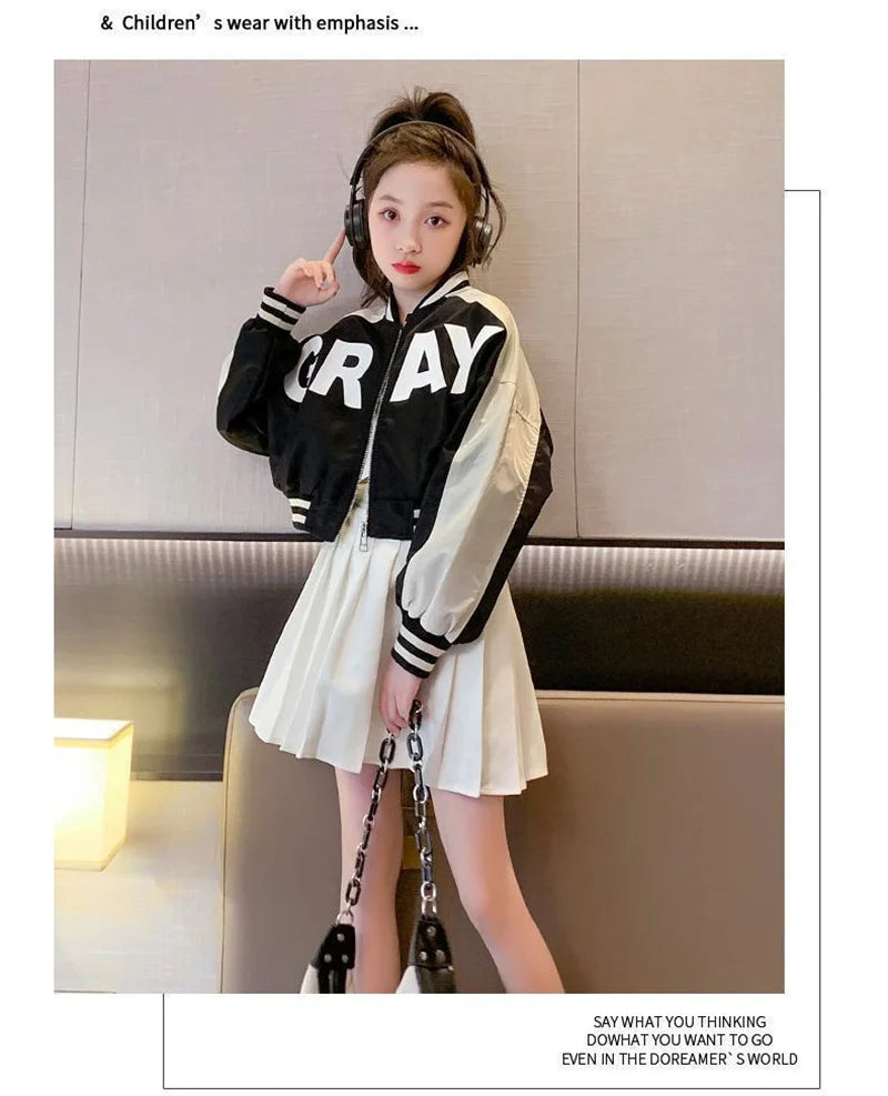 Girls Fashion Jacket 2024 New Teen Spring Autumn Coats Kids Letter Zipper Trends Windbreaker 4-14 Years Children Casual Clothing