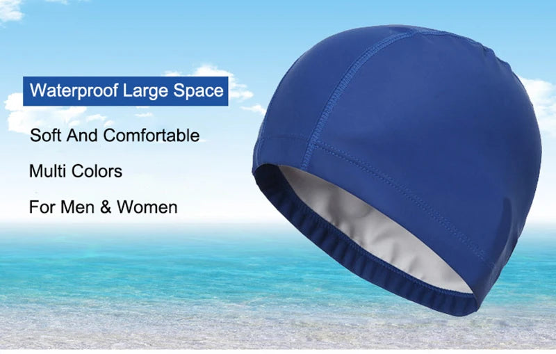 PU Fabric Swimming Cap Men Women Waterproof Swim Pool Hat Water Sport Protect Ears Long Hair Bathing Caps Plus Size for Adults