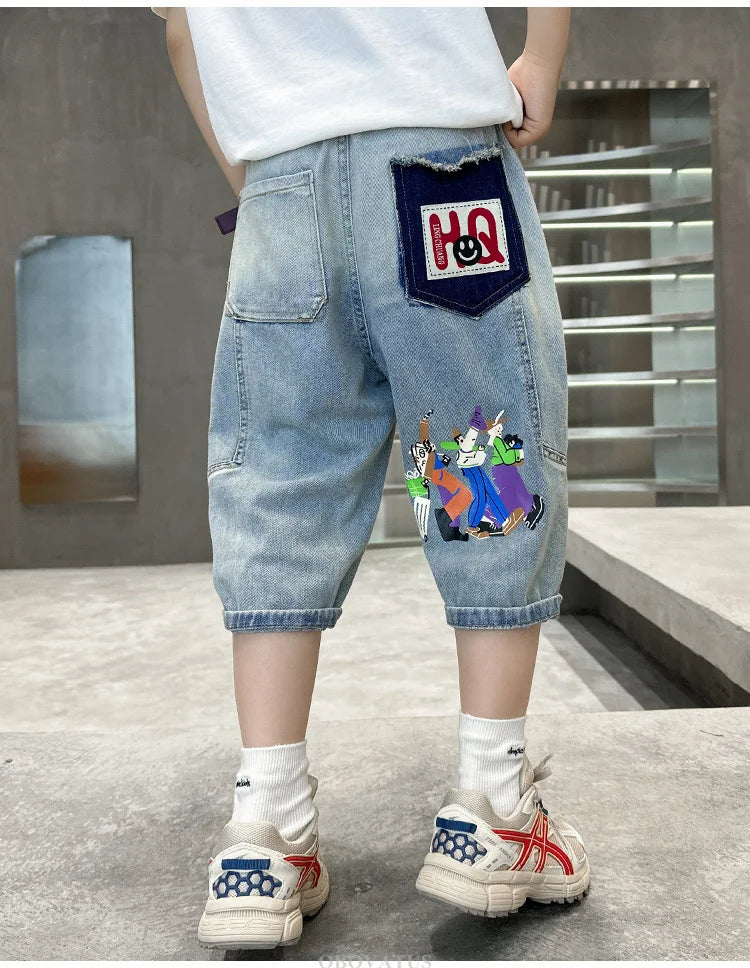 Boys Denim Shorts New Summer Children Capri Pants High Quality Boys Clothes Mid-Calf Short Jeans Kids Casual Bottoms 5 7 9 11 13