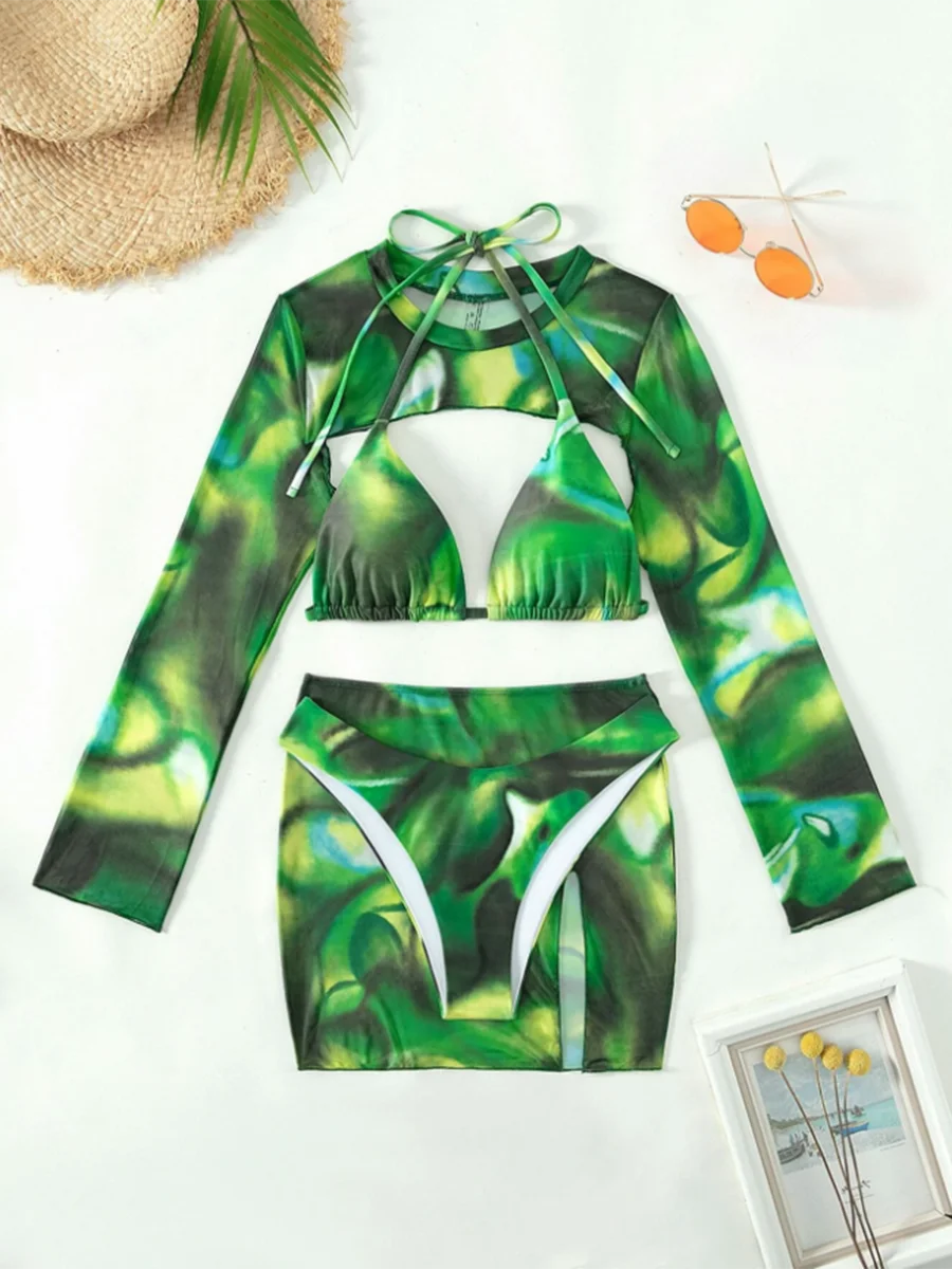 2026 Print 4 Pieces Triangle Halter String Bikini Swimsuit Women Swimwear Female Bathers Bathing Swimming Swim Suit