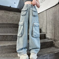 Girls Trousers Big Pocket Jeans 2025 Spring and Summer New Large Children Loose Cargo Pants Stylish Baggy Pants Simple Casual