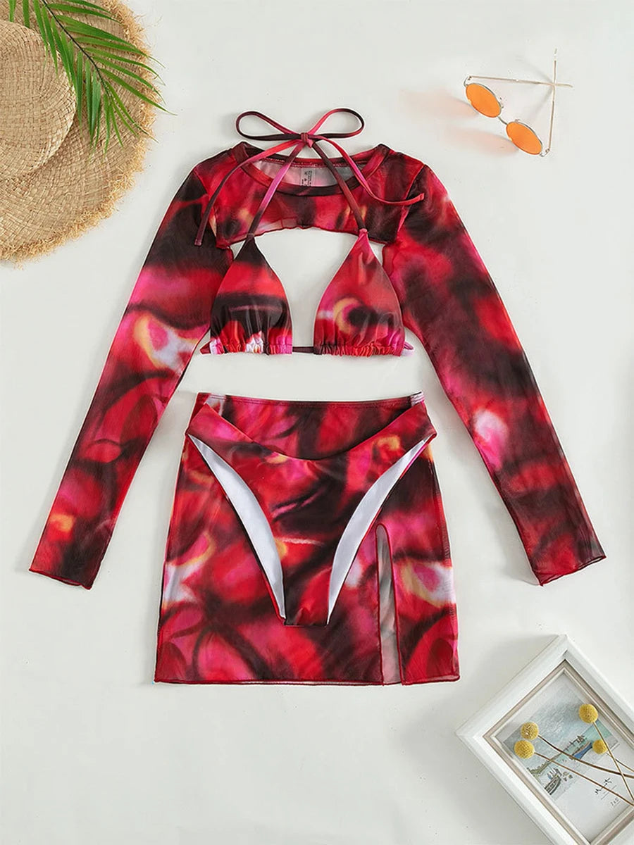 2026 Print 4 Pieces Triangle Halter String Bikini Swimsuit Women Swimwear Female Bathers Bathing Swimming Swim Suit