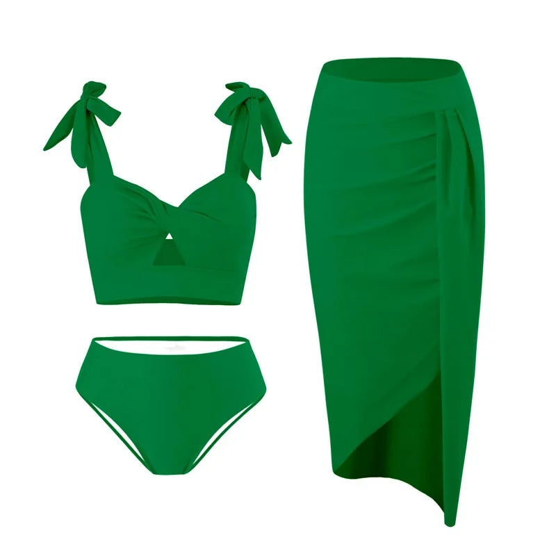 2025 Summer Family Matching Swimsuit Bikini Mother Daughter Bow Swimwear Mom Baby Girls Clothing Set 3PCS Mom's Swimsuit Skirt