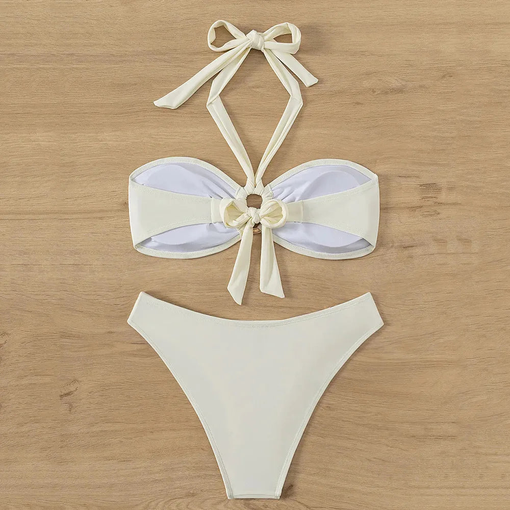 Halter Bandeau Solid White Bikinis Sets Woman Metal Ring Swimwear Hollow Out Sexy Swimsuit 2026 Bathing Suit Bikinis De Mujer