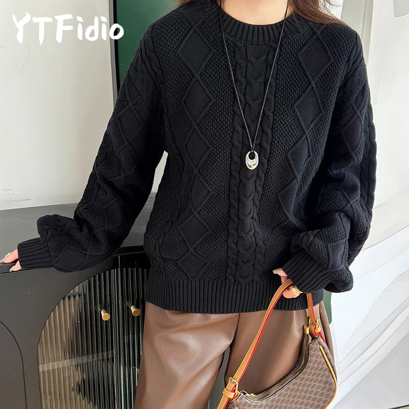 YTFidio 100% Cotton Women O-neck Thickened Twisted Flower Pullover Sweater Luxury Designer Clothing Plus Size 400