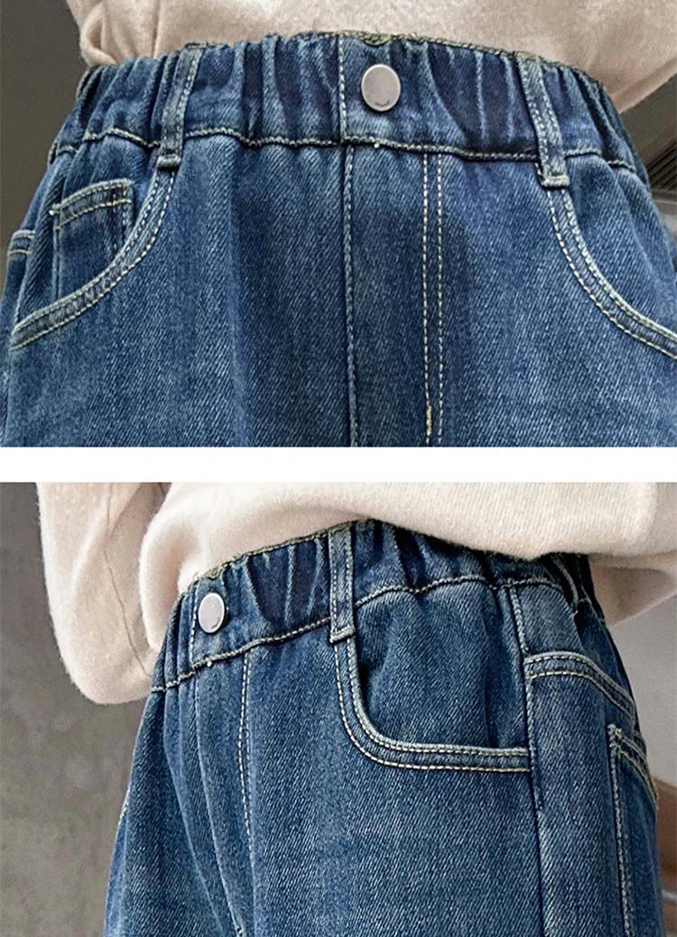 Elegant Children Insulated Jeans for Girls Fashion Heart Pocket Winter Warm Denim Pants Kids Child Fleece Lined Jeans Trousers