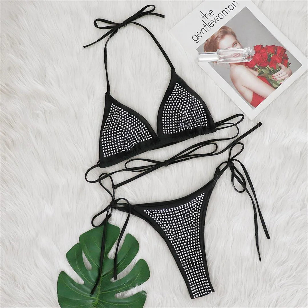 Shiny Rhinestones Wrap Around Halter Bikini Women Swimwear Female Swimsuit Two-pieces Bikini set Bather Bathing Suit Swim V4906
