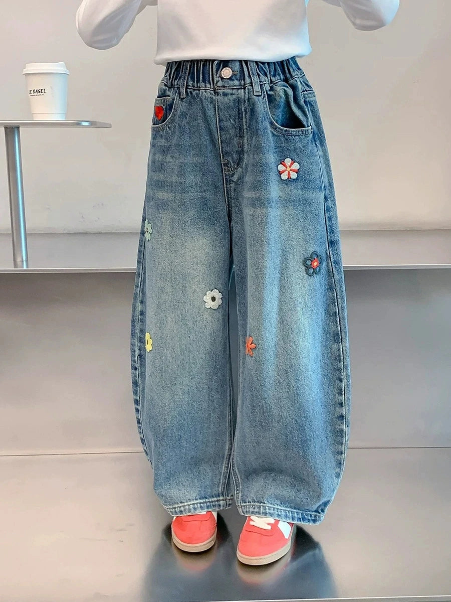 Teenagers Spring Girls Jeans Flower Children Trousers Autumn Girls Denim Wide Leg Pants Birthday Gifts 5-16 Years Kids Clothes