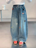 Teenagers Spring Girls Jeans Flower Children Trousers Autumn Girls Denim Wide Leg Pants Birthday Gifts 5-16 Years Kids Clothes