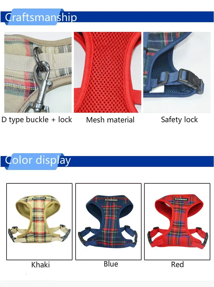 Fashion Plaid Style Pet Harness Vest and Leash Set Dog Vest Harness Dog Leash Adjustable Dog Chest Strap Pet Supplies
