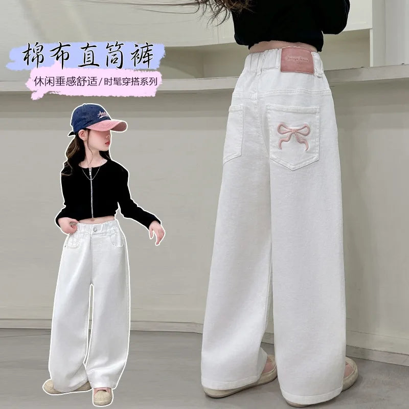 Girls Casual Trousers Cotton Spring Autumn Teenage Kid Straight Leg Pants Embroidered Butterfly Knot Wide Leg Pants for Children