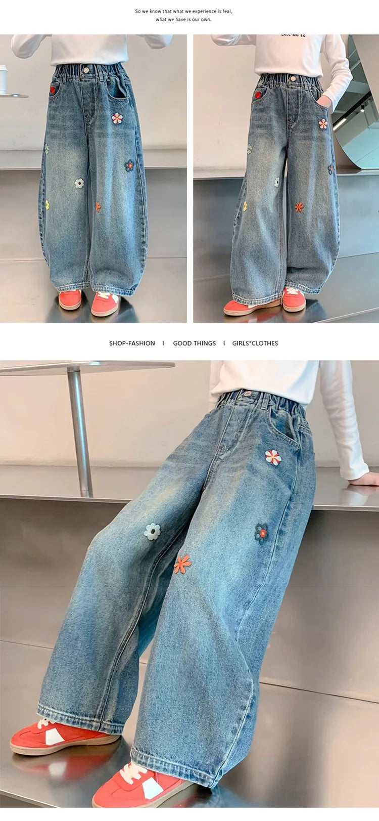 Teenagers Spring Girls Jeans Flower Children Trousers Autumn Girls Denim Wide Leg Pants Birthday Gifts 5-16 Years Kids Clothes