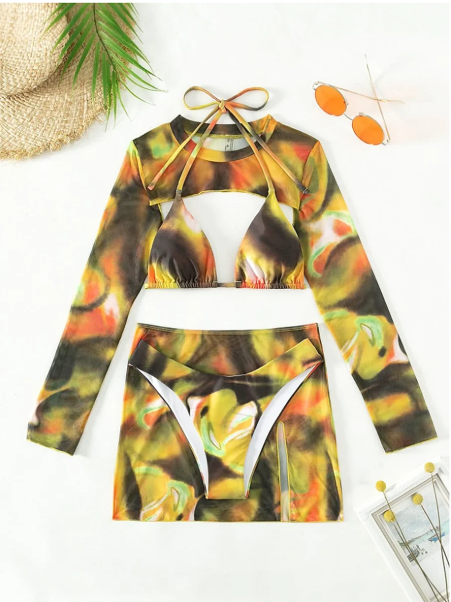 2026 Print 4 Pieces Triangle Halter String Bikini Swimsuit Women Swimwear Female Bathers Bathing Swimming Swim Suit