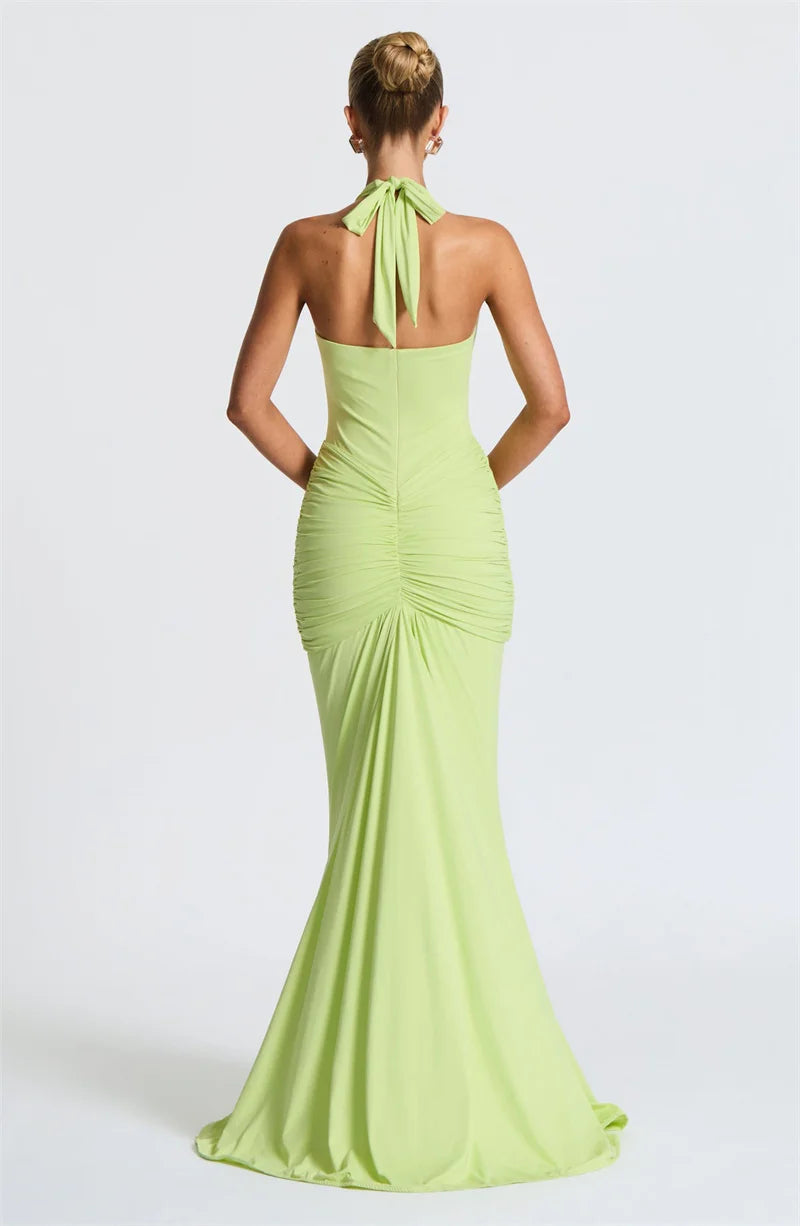 Mozision Deep V Neck Draped Ruched Sexy Maxi Dress Women Summer Fashion Halter Sleeveless Backless Club Party Long Dress Elegant