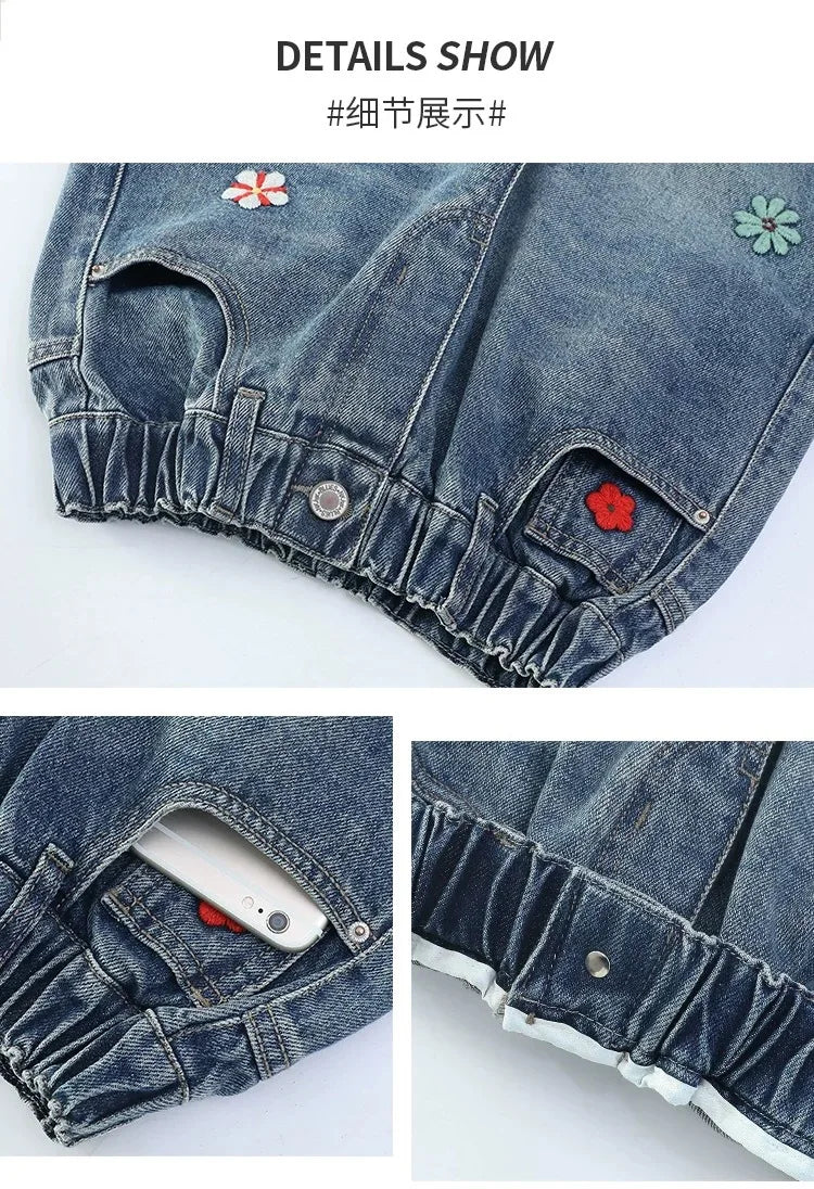 Teenagers Spring Girls Jeans Flower Children Trousers Autumn Girls Denim Wide Leg Pants Birthday Gifts 5-16 Years Kids Clothes