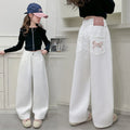 Girls Casual Trousers Cotton Spring Autumn Teenage Kid Straight Leg Pants Embroidered Butterfly Knot Wide Leg Pants for Children