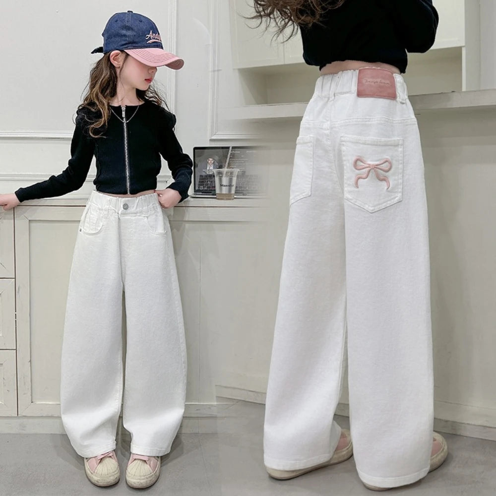 Girls Casual Trousers Cotton Spring Autumn Teenage Kid Straight Leg Pants Embroidered Butterfly Knot Wide Leg Pants for Children