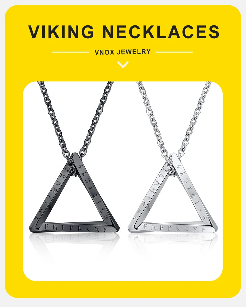 Vnox Norse Viking Pendant Necklaces, Men Twisted Stainless Steel Mobius Triangle Charm, Vegvisir Nordic Valknut Geometric Collar