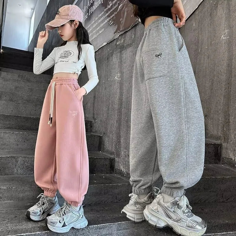 Causal Pants Girls Kids Loose Cotton Sports Pants 110-170 Black Pink Trousers for Children Spring Kids Clothing 2025