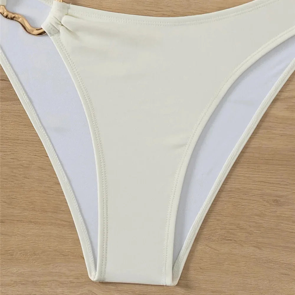 Halter Bandeau Solid White Bikinis Sets Woman Metal Ring Swimwear Hollow Out Sexy Swimsuit 2026 Bathing Suit Bikinis De Mujer