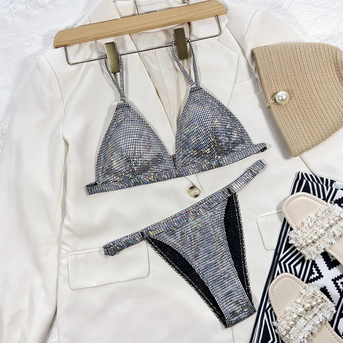 2026 Summer Women's Sequins Swimsuit Sexy Backless Push Up Thong Bathing Suit Micro Bikini Set Low Waist Swimwear Beach Biquinis