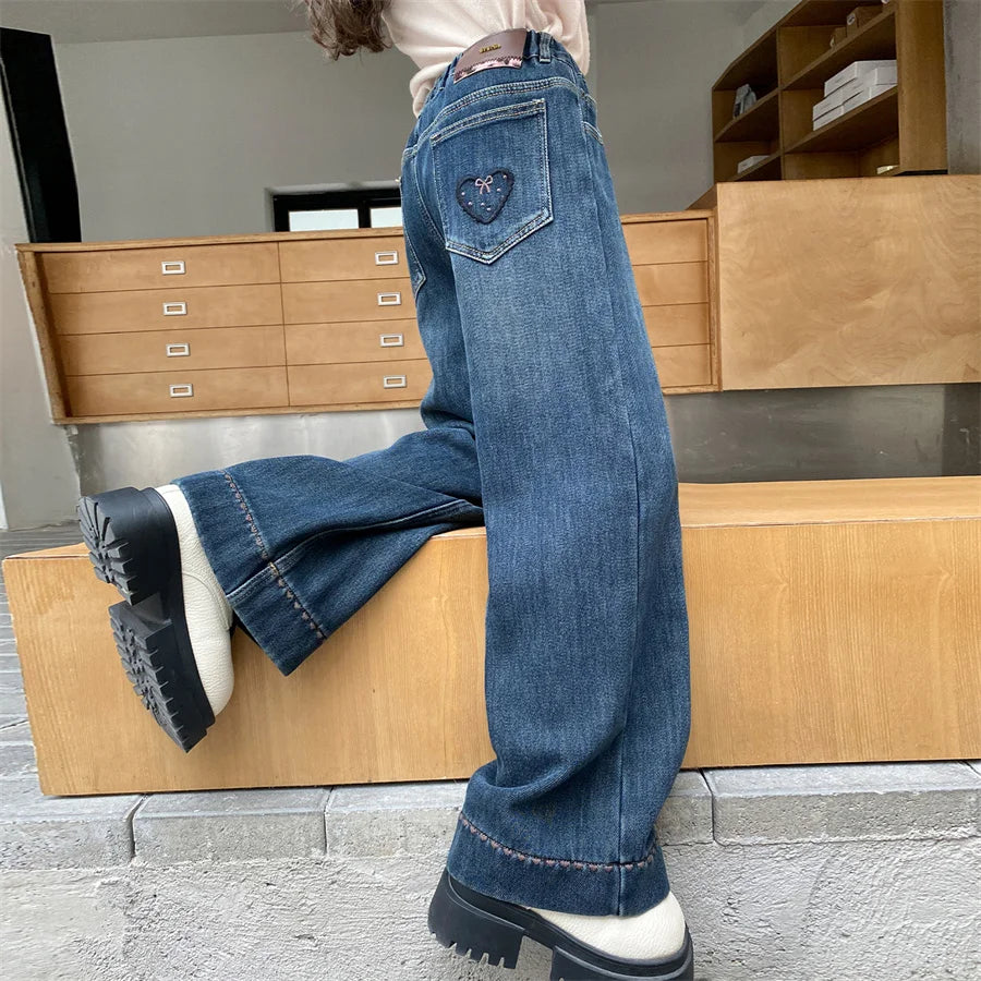 Elegant Children Insulated Jeans for Girls Fashion Heart Pocket Winter Warm Denim Pants Kids Child Fleece Lined Jeans Trousers