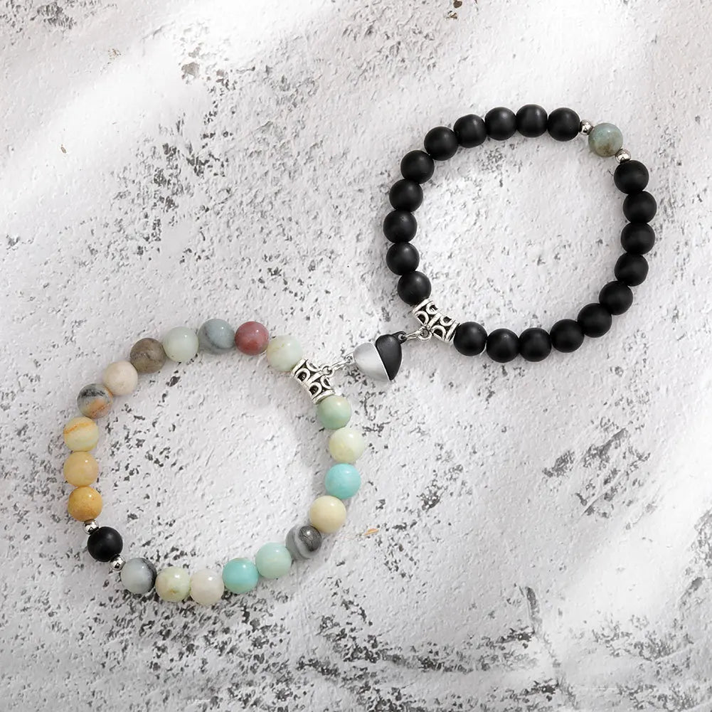 2Pcs/Set Natural Stone Beaded Heart Magnet Attraction Couple Bracelets For Women Men Simple Love Relationship Bracelet Jewelry
