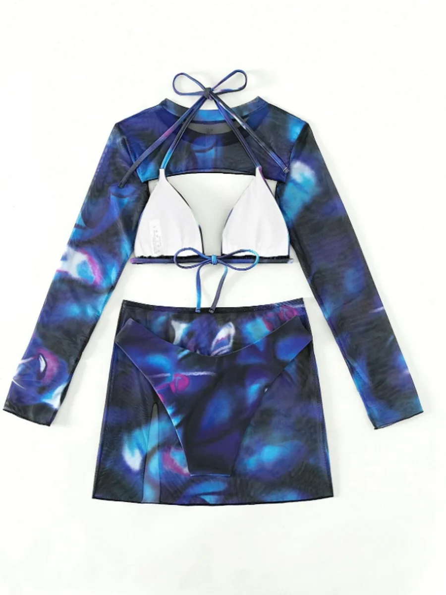 2026 Print 4 Pieces Triangle Halter String Bikini Swimsuit Women Swimwear Female Bathers Bathing Swimming Swim Suit