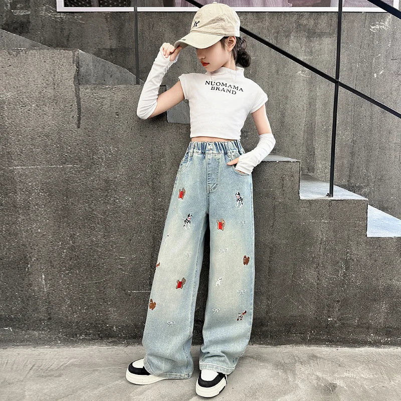 Autumn Girls' Jeans Cartoon Embroidered Children Denim Pants New Kids Loose Straight-leg Trousers Teenager Spring Clothing 4-14Y