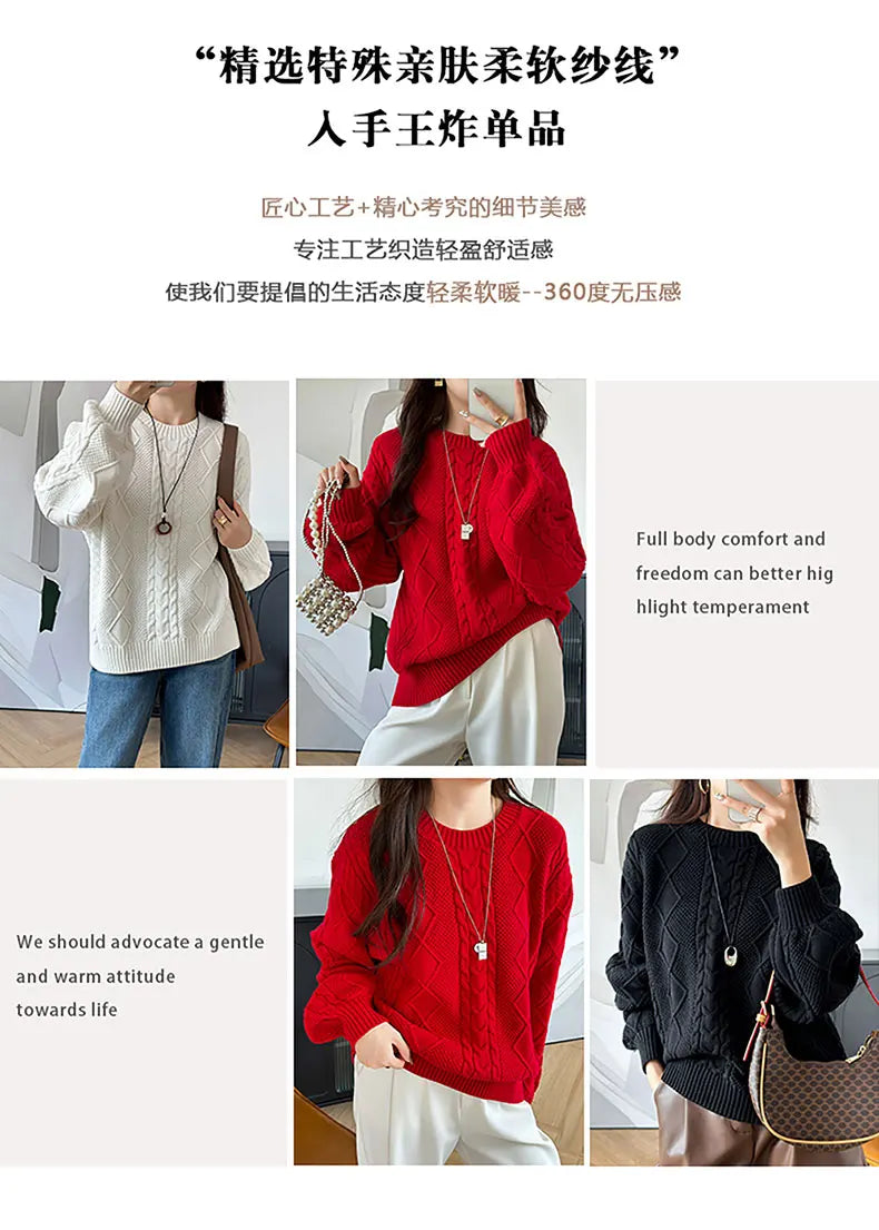 YTFidio 100% Cotton Women O-neck Thickened Twisted Flower Pullover Sweater Luxury Designer Clothing Plus Size 400