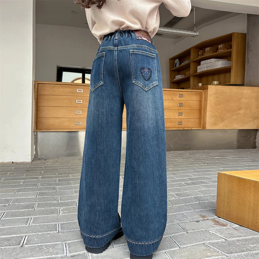 Elegant Children Insulated Jeans for Girls Fashion Heart Pocket Winter Warm Denim Pants Kids Child Fleece Lined Jeans Trousers
