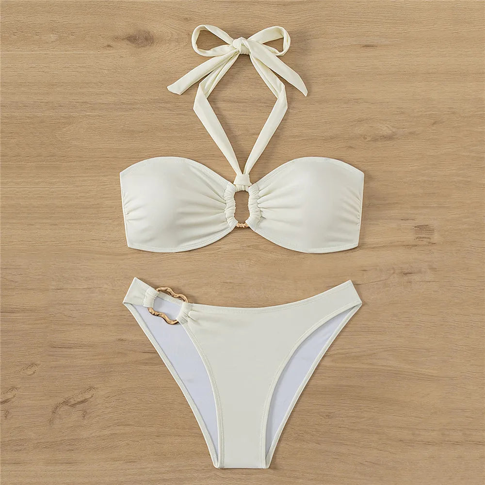 Halter Bandeau Solid White Bikinis Sets Woman Metal Ring Swimwear Hollow Out Sexy Swimsuit 2026 Bathing Suit Bikinis De Mujer