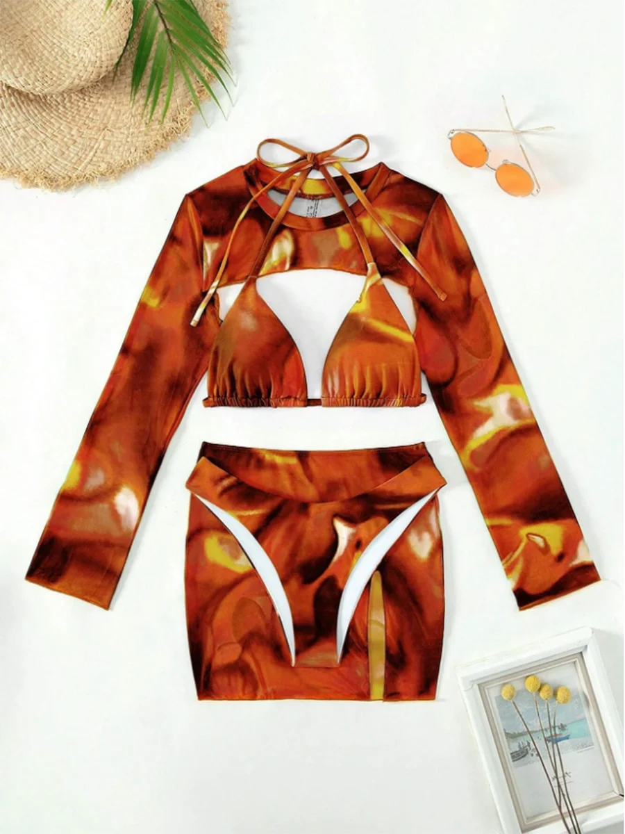 2026 Print 4 Pieces Triangle Halter String Bikini Swimsuit Women Swimwear Female Bathers Bathing Swimming Swim Suit