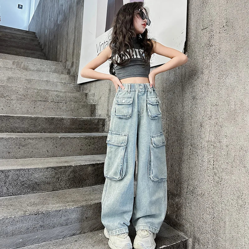 Girls Trousers Big Pocket Jeans 2025 Spring and Summer New Large Children Loose Cargo Pants Stylish Baggy Pants Simple Casual