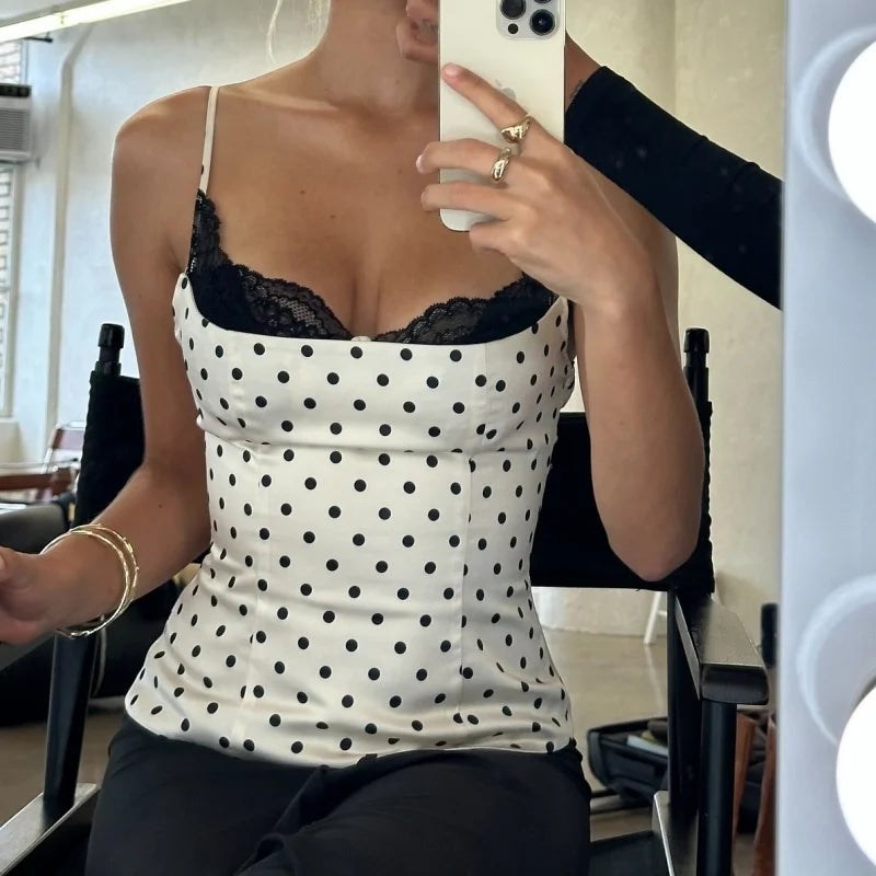 Women Polka Dot  Lace Trim Cami Top Sexy Backless  Sleeveless Slim Fitted Camisole Top Vintage Y2k Streewear